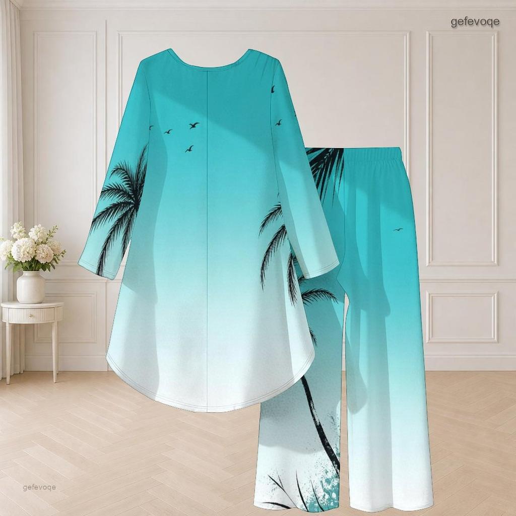 Damen Große Größen Grünes Rundhals Langarm Kleeblatt-Print High-Low-Oberteil Weite Hosen Zweiteiliges Set