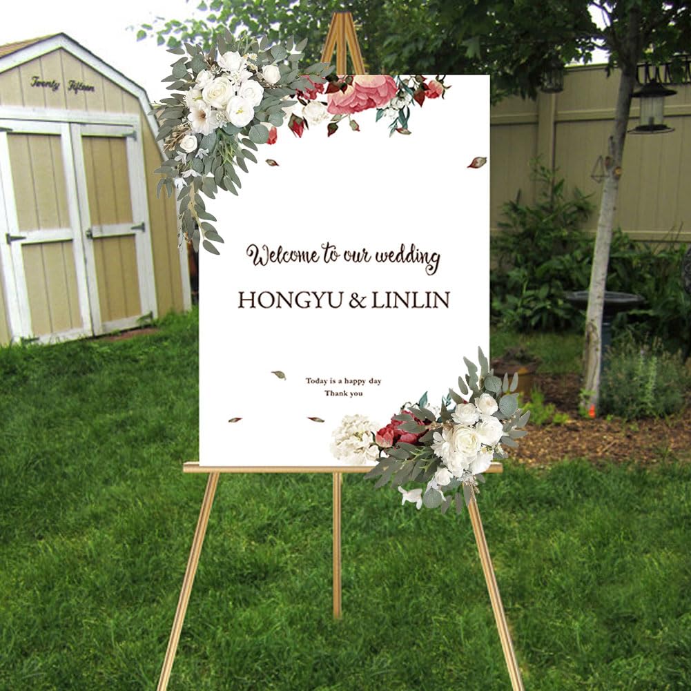 Wedding Arch Flower Swag Set of 2 Artificial Rose Floral Garland with Greenery for Welcome Sign Ceremony Backdrop Faux Silk Hanging Decor