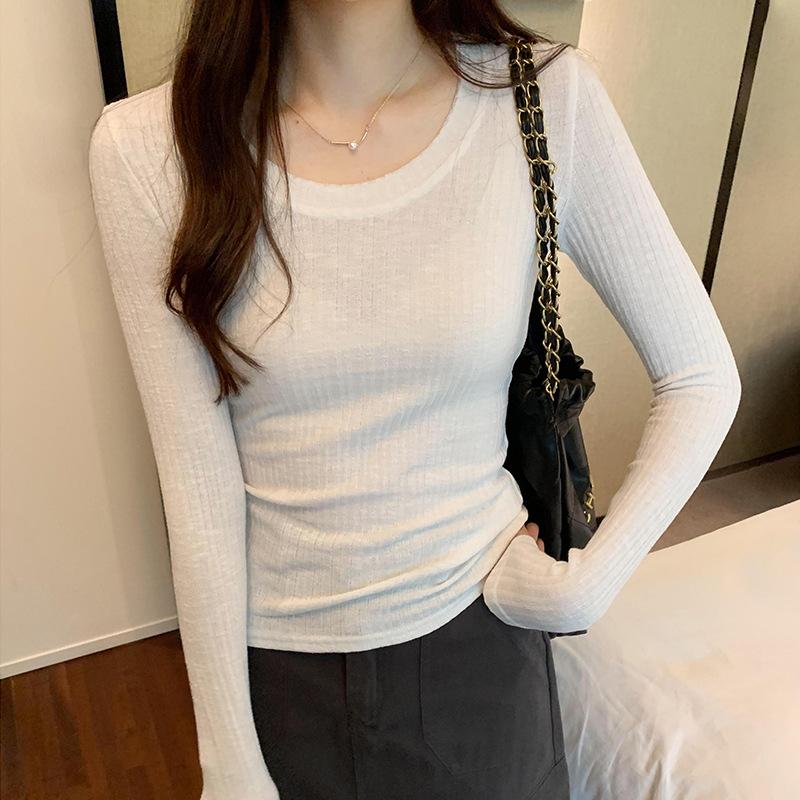 Simple round neck pit strip stretch slim long-sleeved T-shirt women's autumn and winter new basic base knitted top