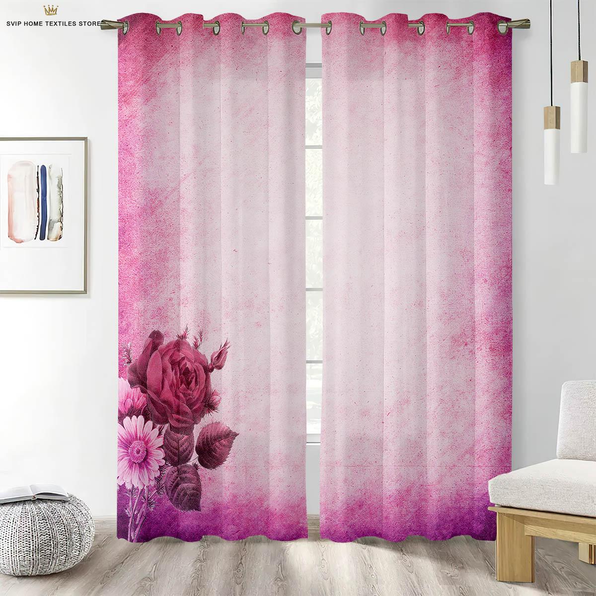 Vorhänge mit Blumendruck für Schlafzimmer, Romantischer Pastoralstil, Leicht zu waschen und zu pflegen, Heimdekoration, 2 Stück W50X130H(CM)X2PCS&Grommet Top