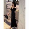 Light Luxury Fashion Black Neck Dress Women's Summer New French Slim-fitting Split-ends Show Figure Long Skirt