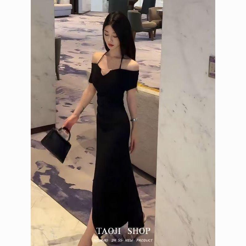 Light Luxury Fashion Black Neck Dress Women's Summer New French Slim-fitting Split-ends Show Figure Long Skirt