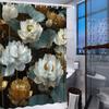 1 Piece Luxury White and Gold Lotus Shower Curtain - Delicate Petals and Dark Green Leaves Design, Polyester Fabric with Hooks