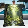 1pc Mystical Forest Pathway Blanket - Lightweight Flannel Throw with Sunlit Waterfall & Lush Greenery Design, Soft & Warm for So