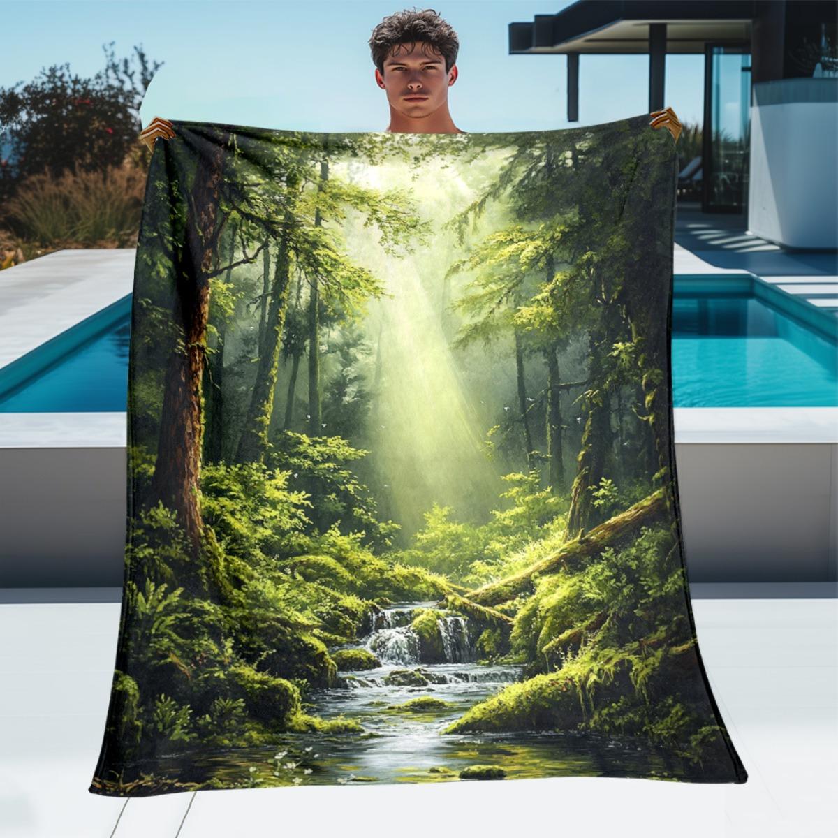 

1pc Mystical Forest Pathway Blanket - Lightweight Flannel Throw with Sunlit Waterfall & Lush Greenery Design, Soft & Warm for So 70x100cm