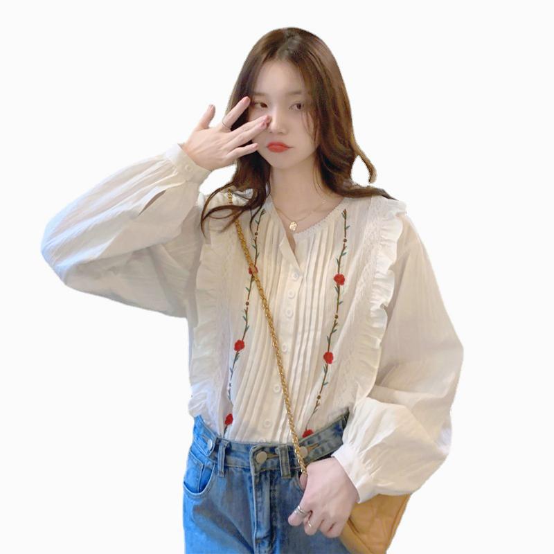 

Весенний дизайн Белая рубашка Женская дизайнерская рубашка Sense Niche Gentle Wind Flower с вышитой грудью one size fits all белый