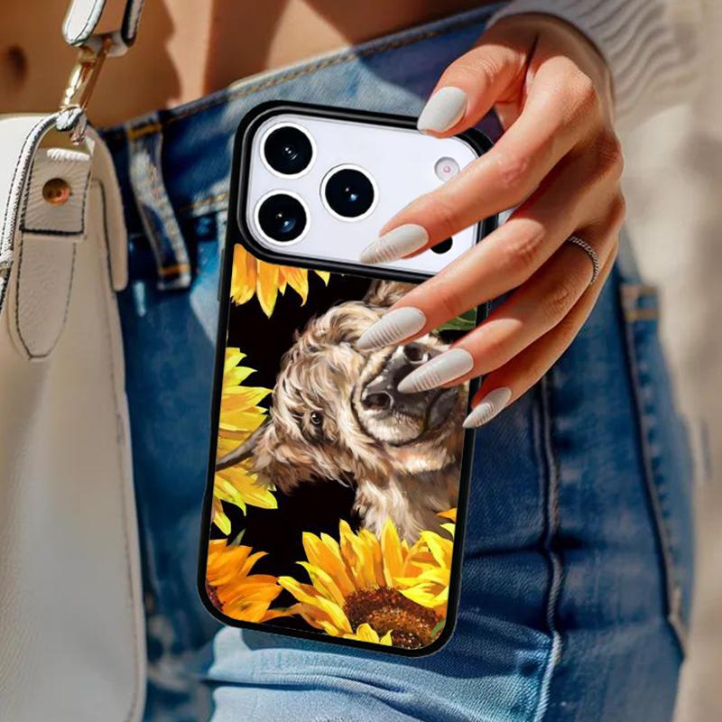 Western Highland Cow Sunflower Cute Phone Case For iPhone 17 Air 14 15 13 12 Max Cover For Apple 16e 11 Pro Max Plus Coque