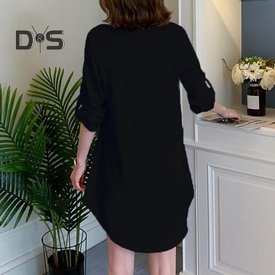 Dámská košile s klopou, dlouhým rukávem, střední délky, jednobarevná, knoflíková léga, ležérní střih, topy pro každodenní nošení