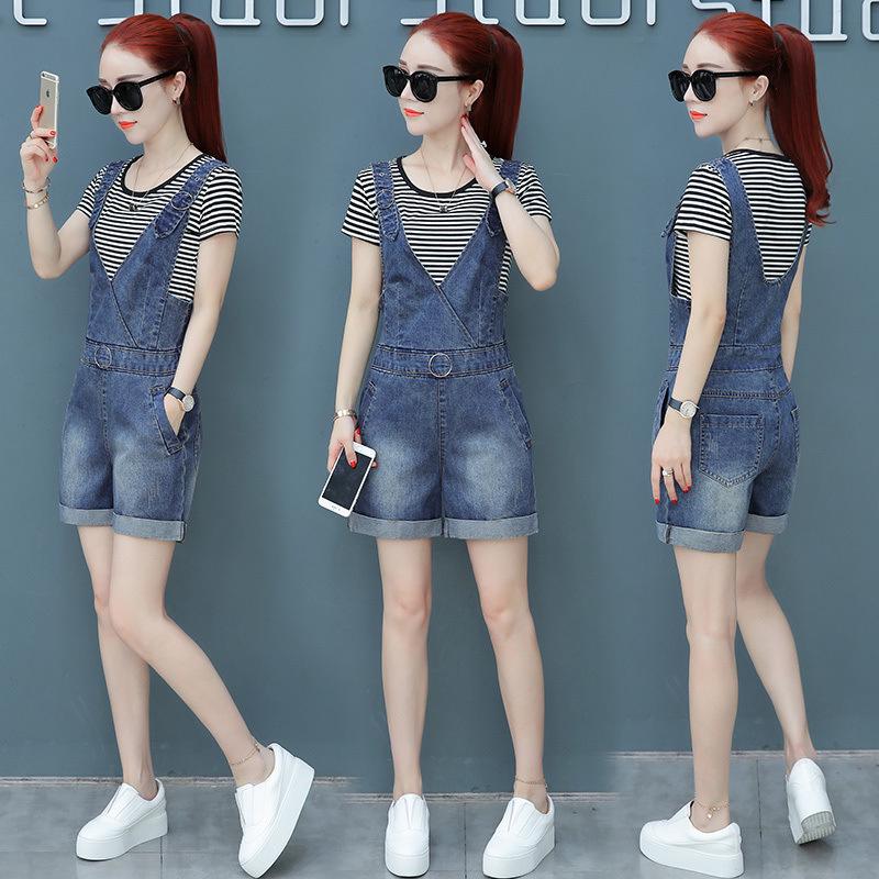 Damen Sommer Chic Zweiteiler Set 2025: Denim Latzhose mit Trägern & Kurzarm-T-Shirt, Trendiger Koreanischer Stil