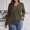 2025 Autumn/Winter Plus Size Solid Color V-Neck Long Sleeve Ribbed Pullover T-shirt