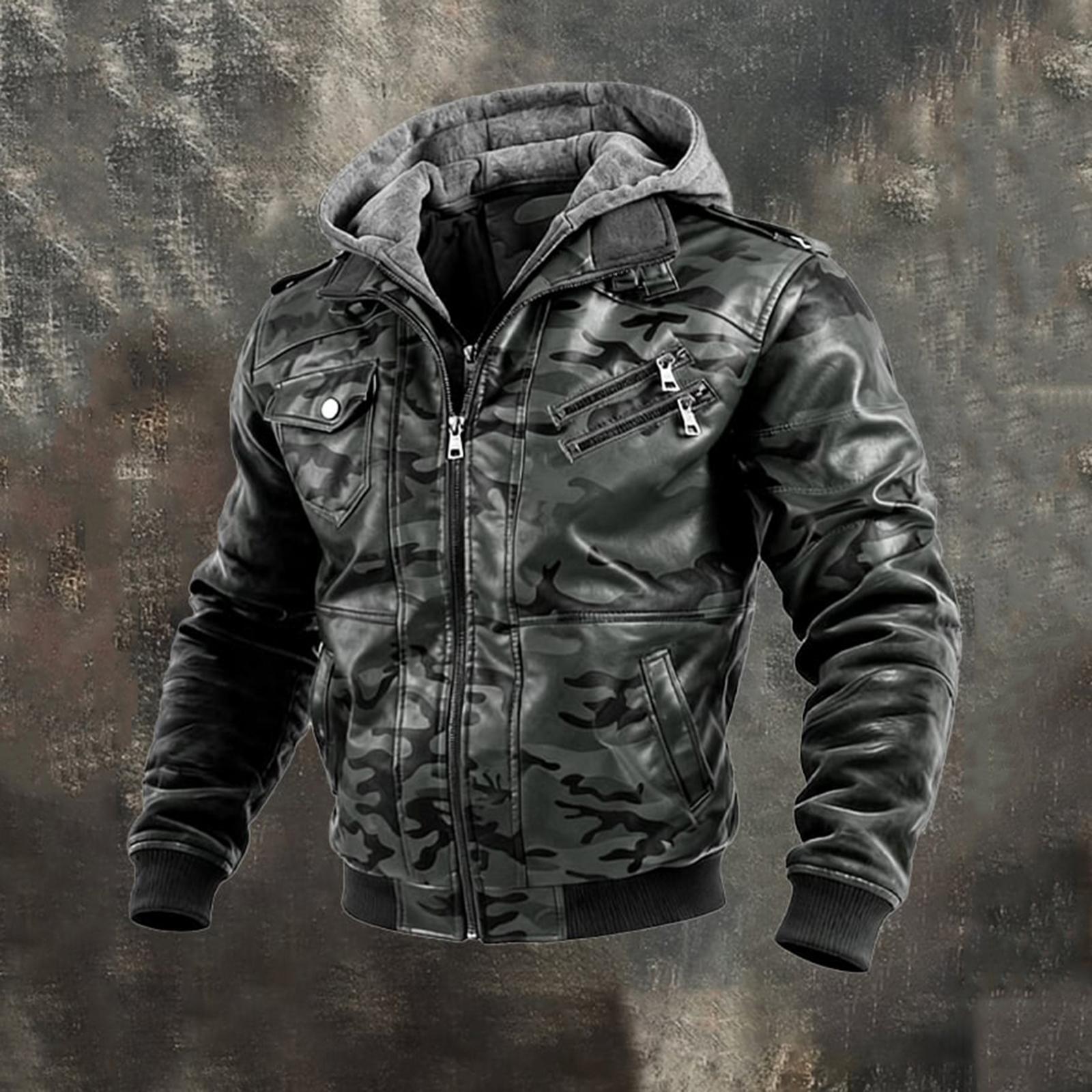 

Чоловіча повсякденна модна камуфляжна шкіряна куртка з капюшоном на блискавці M