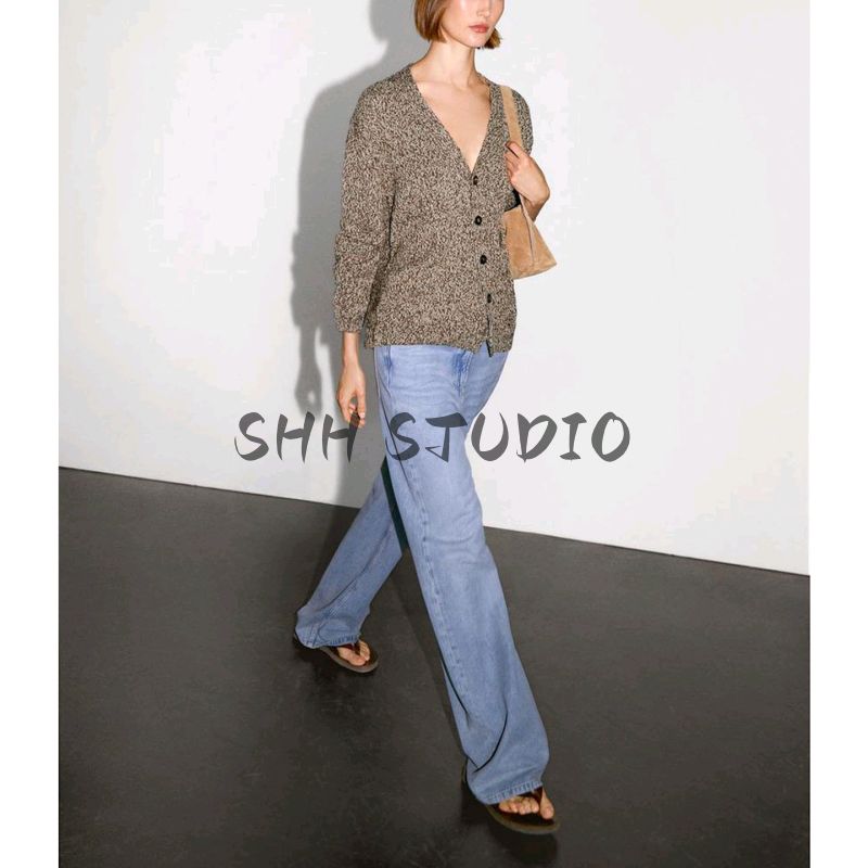 MD New Fall Women's Clothing Casual Laid-Back Style Relaxed Two-Color Yarn Mid Length Long Length V Neck Cardigan 5705739