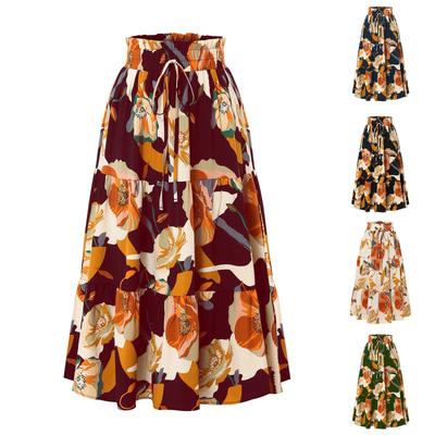 Women's Fashion Pleated Floral Print Elastic Waist Loose Lace Skirt