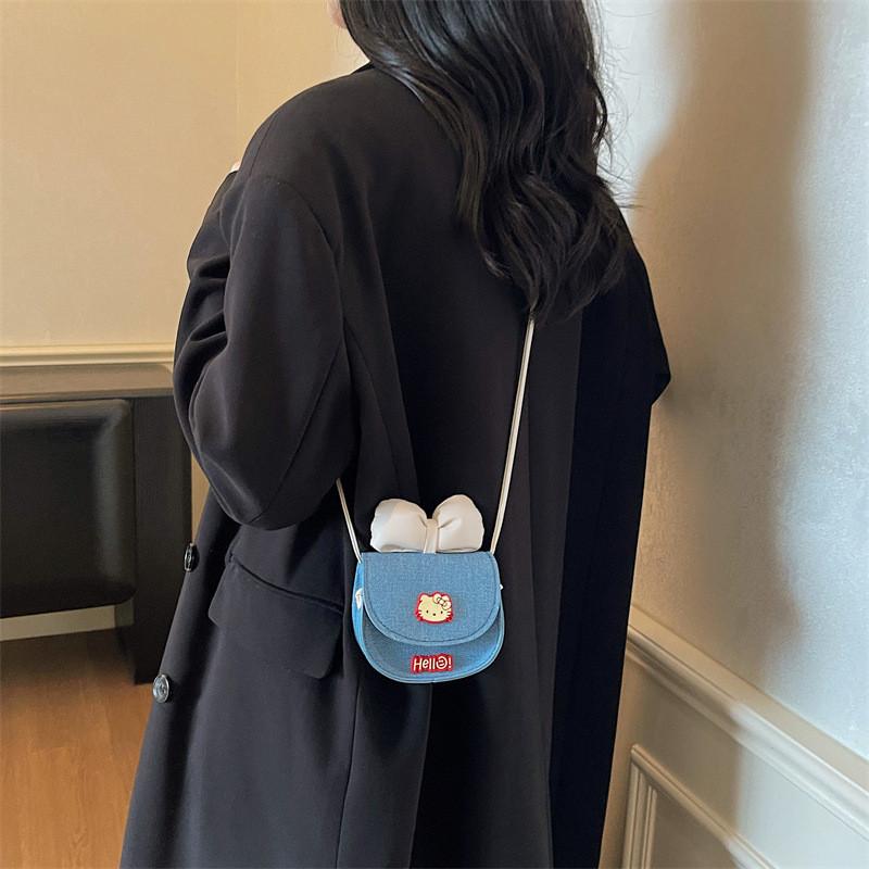 Hello Kitty Denim Butterfly Knot Bag Small Crossbody For Casual Street Style Womens Fashion