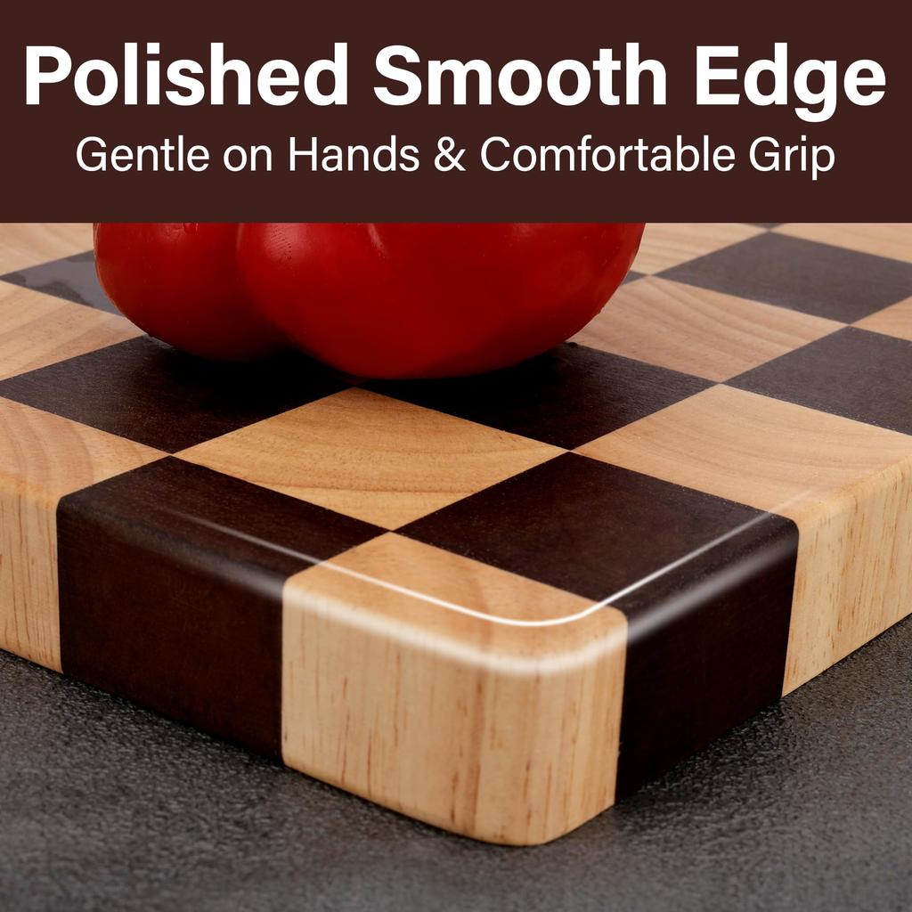 TJ POP Cutting Board Endgrain Rubberwood Combination Natural Wood Marquetry Checkerboard Pattern High Resistant Lacquer Finish Hygienic Vertical Fiber