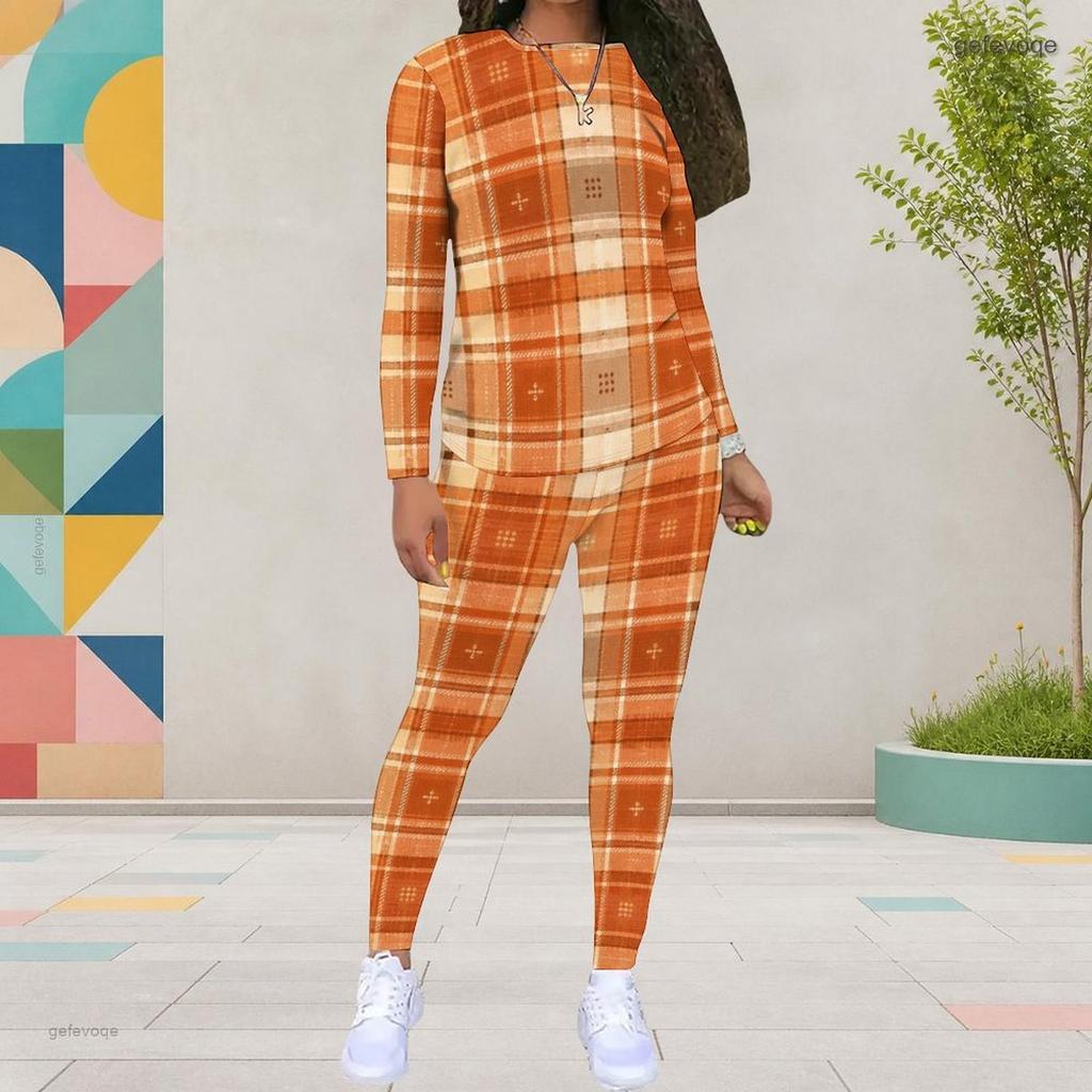 Women Plus Size Printed Round Neck Long Sleeve Top And Fitted Pants Two Piece Set