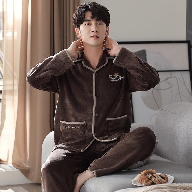 Pyjama Herren Herbst und Winter Korallenfleece Verdickt Fleece Warm Flanell Hausanzug Herren Winter und Winter Anzug