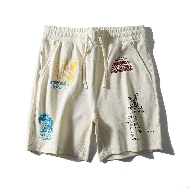 American Hawaiian Resort Style Graffiti Beach Shorts Men s Summer Knitted Five-Point Pants Foreign Trade Men s Casual Pants Off-White M