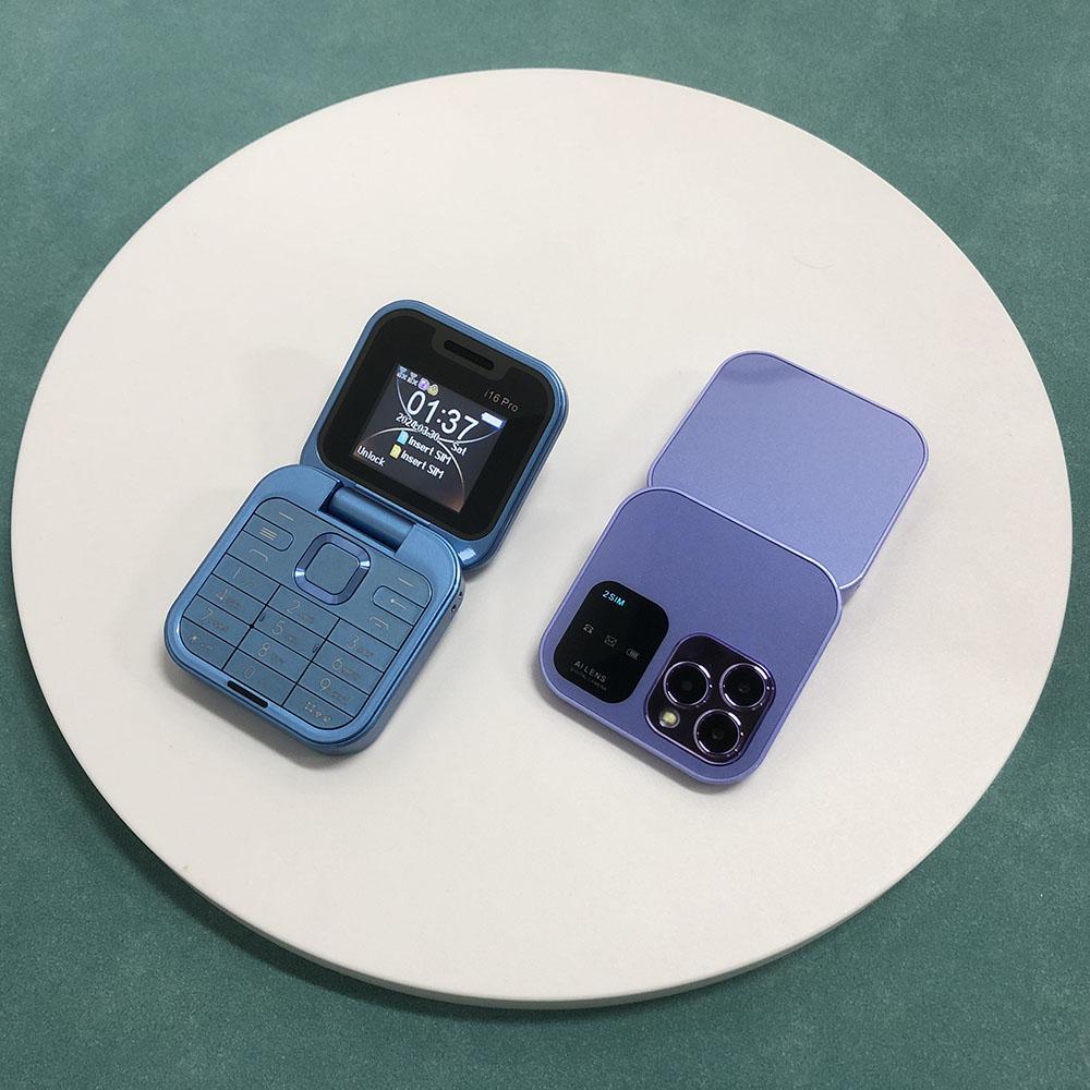 I16 Pro Super Mini Dual SIM Phone 1.77inches HD Screen Flip Mobile Phone 2G GSM Foldable Small Feature Phone Bluetooth FM Radio Speed Dial Phone