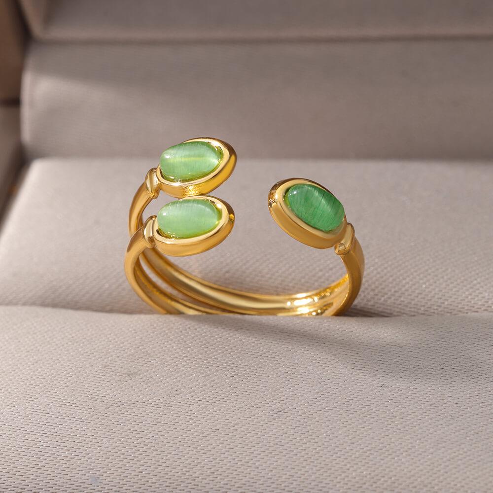 Three Layer Oval Green Stone Opening Rings For Women Stainless Steel Adjustable Opal Ring Wedding Aesthetic Jewelry Gift