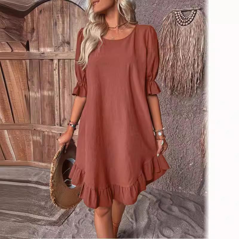 

Элегантное свободное женское летнее платье с круглым вырезом и пышным воротником с короткими рукавами, плиссированное, с рюшами, повседневное платье трапециевидной формы, однотонное хлопковое льняное платье для женщин 1073 2XL