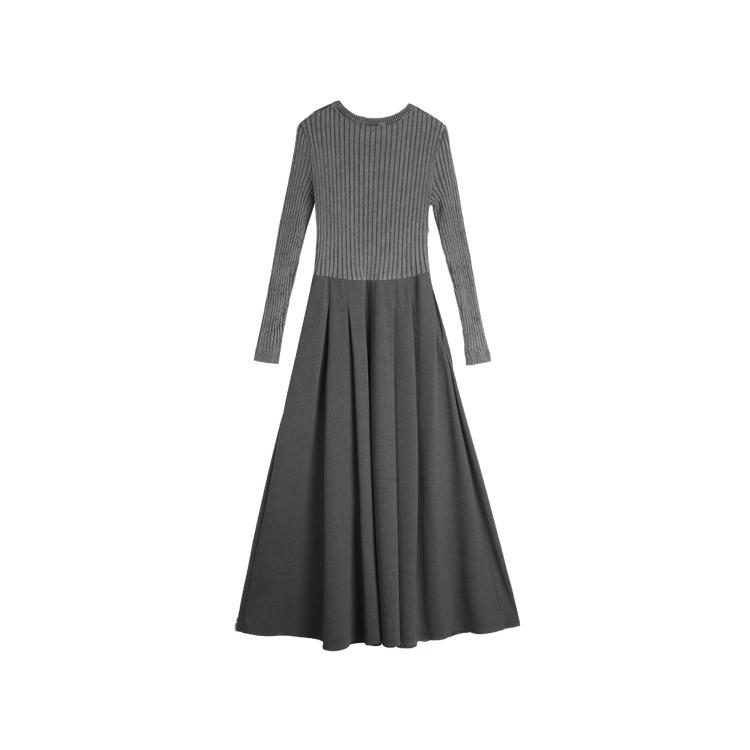 ELLE Solid Color Round Neck Waist Cinching Simple Pleated Knit Long Sleeve Dress Women dresses Dark-Gray EL49083