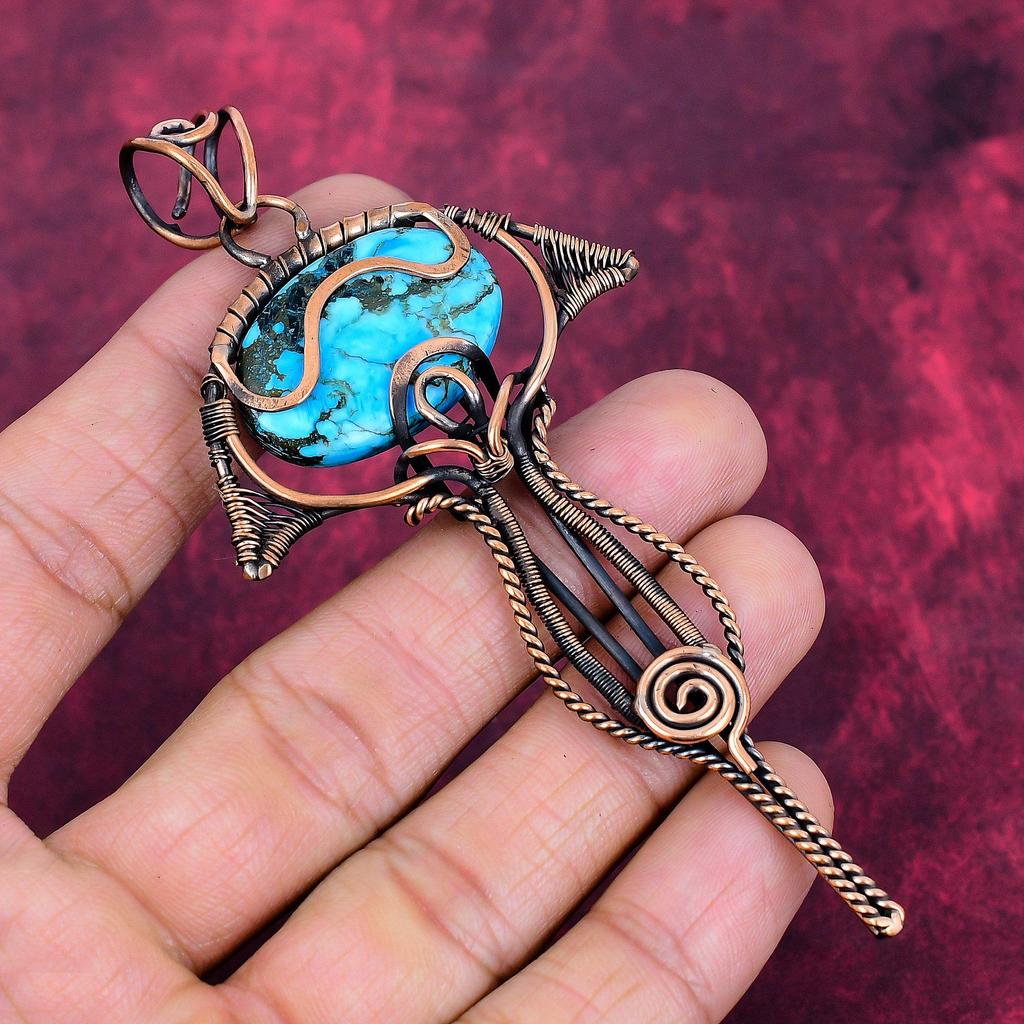 Tibetan Turquoise Pendant Handmade Gemstone Jewelry Copper Wire Wrapped Pendant