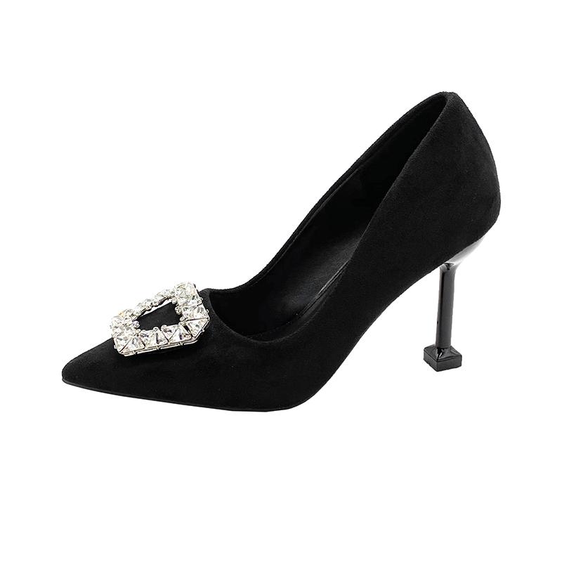 

Модные замшевые туфли-лодочки на шпильке, женские модные туфли с острым носком, мелким вырезом, стразами, квадратной пряжкой, слипоны, нескользящие туфли на высоком каблуке 34