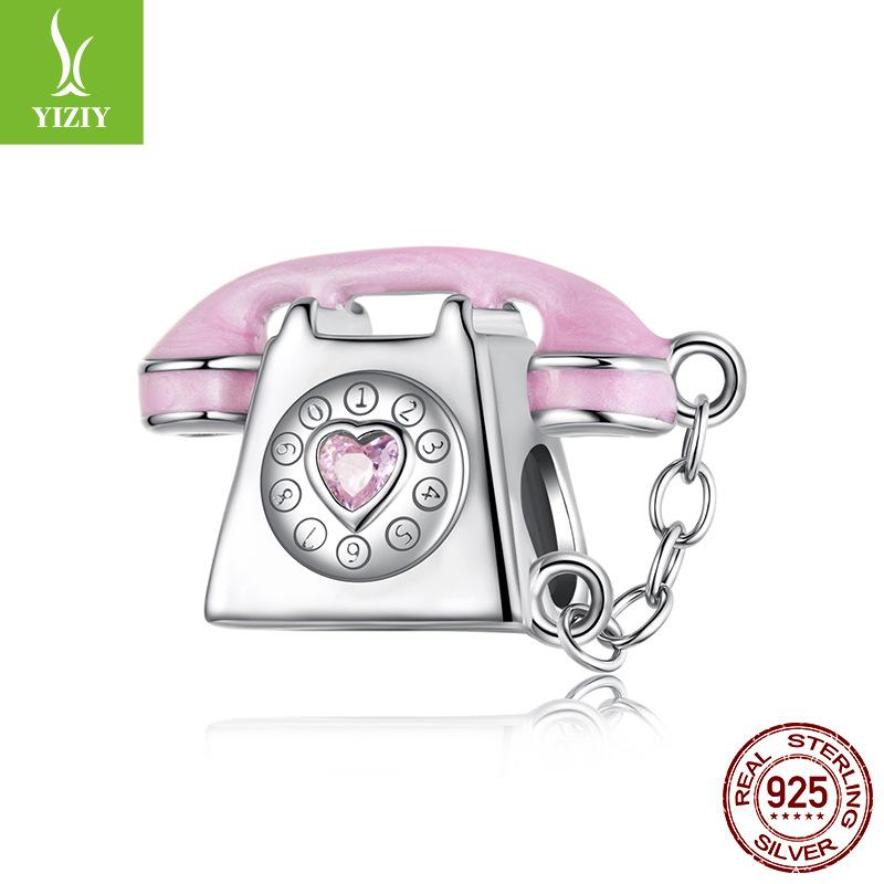 Pink Vintage Phone Diy Beaded Accessories Sweet Girly Heart Landline S925 Sterling Silver Beaded