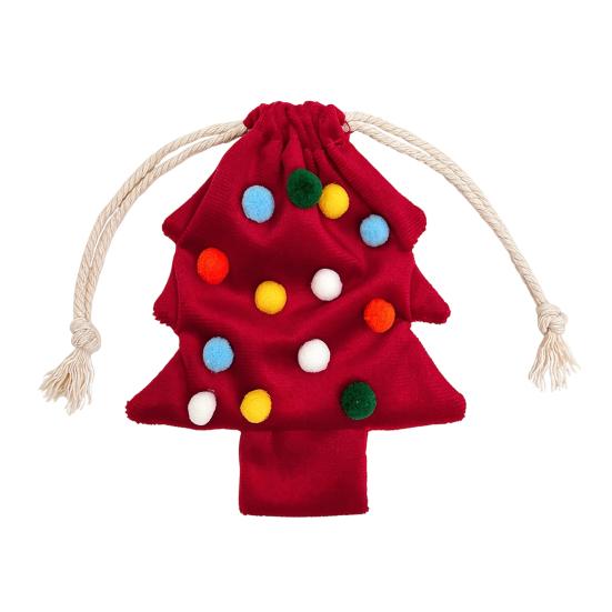 Christmas Tree Hanging Ornaments Drawstring Gift Bag, Plush Pom Bell Small Trinket Bags with Ornament, Reusable Candy Pouch Decor for Holiday