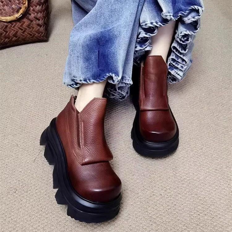 Grube, retro, jesienno-zimowe, ręcznie robione damskie buty na grubej podeszwie, lekkie, luksusowe, zapinane na suwak, super duże, dopasowane kolorystycznie, aksamitne, krótkie buty na koturnie