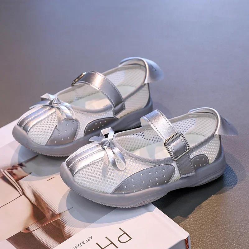 Children Mesh Shoes 2025 Summer New Patchwork Bowknot Girls Causal Shoes Breathable Non-slip Kids Fashion School Sports Sandals