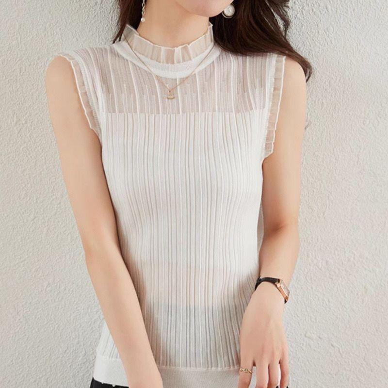 Women Half Turtleneck Lace Knit Camisole Elegant French Sleeveless White Slim Base Top Suit Inner Shirt