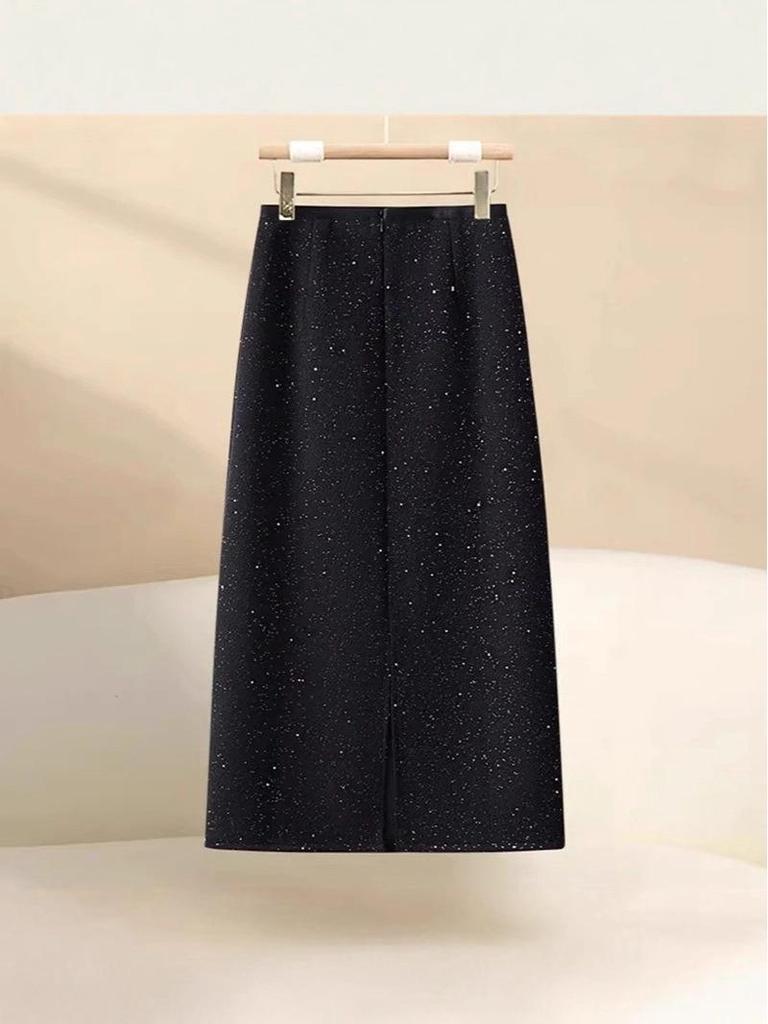 Luxe Black Sequin Midi Skirt - 2026 Spring Collection: Elegant, Slimming, Versatile, Hip-Hugging Straight Cut for Women