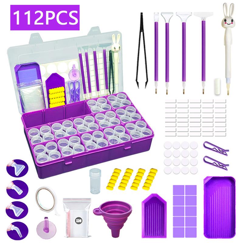 DIY Diamond Painting Storage Box Set with 48 Grids, Bottles, Funnel, Tray, and Rabbit Pen.