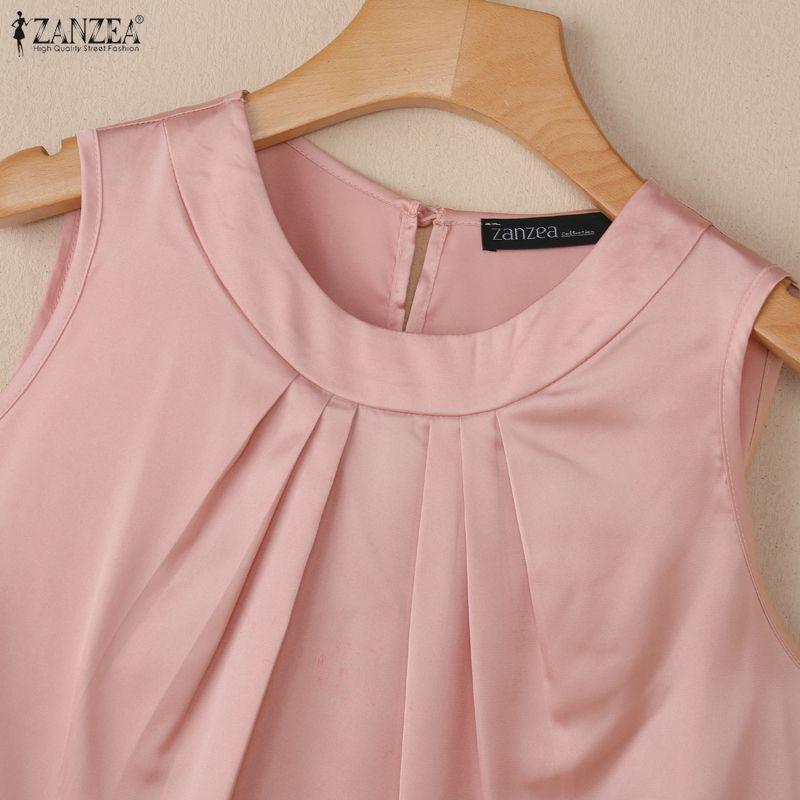 ZANZEA Womens Elegant Satin Tank Top Sleeveless O Neck Casual Pleated Blouse