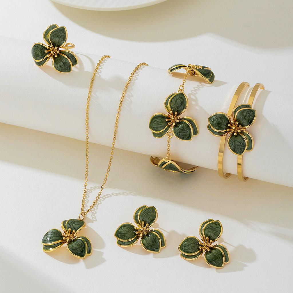 Simple Oil-Infused Flower Earrings And Necklace Set - Casual Jewelry Set For Women