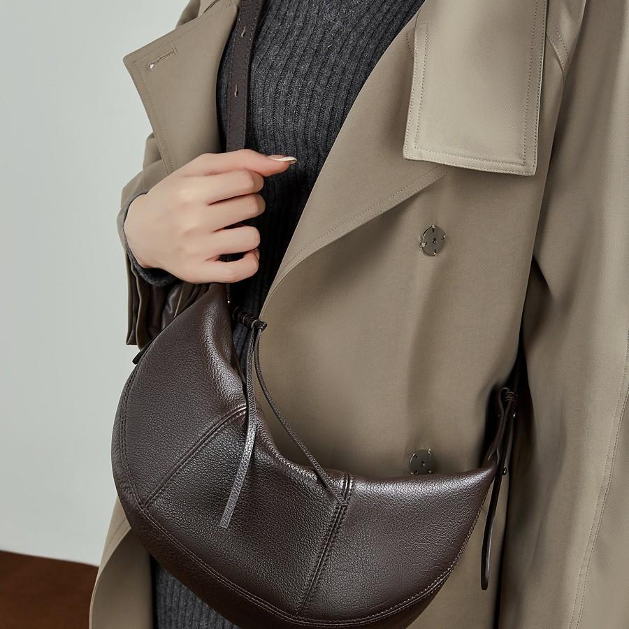 First Layer Cowhide Croissant Bag Diagonal Span Dumpling Bag Genuine Leather Single Shoulder Practical Commuting Solid Color Soft Leather Women'S Bag