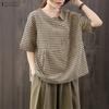 ZANZEA Women Casual V-neck Summer Short Sleeve Grid Print Blouse