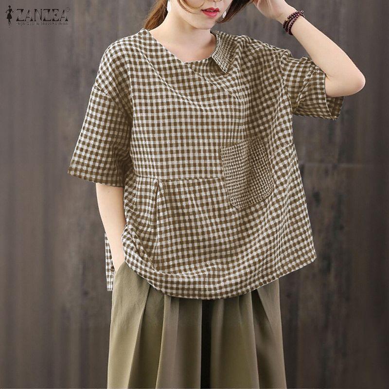 ZANZEA Women Casual V-neck Summer Short Sleeve Grid Print Blouse