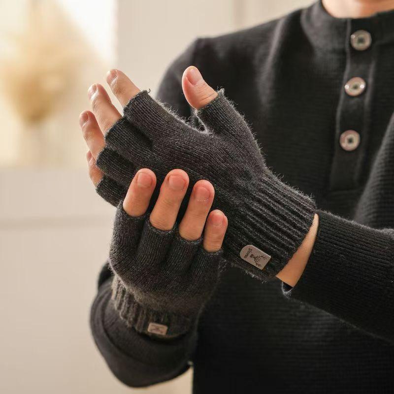 

Gloves Men and Women Autumn and Winter Student Writing Office Thermal Gloves Knitted Wool Fingers Flip Gloves One Size
