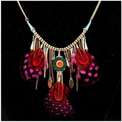 [Q4995] - Mehrfarbige Gold-Designer-Halskette „Boho“ (Federn)