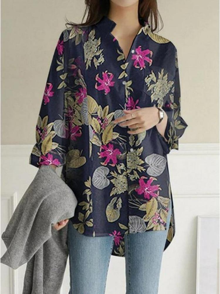 Comfortable Casual Loose Fit Blouse  Long Sleeve Printed Cotton Linen Top