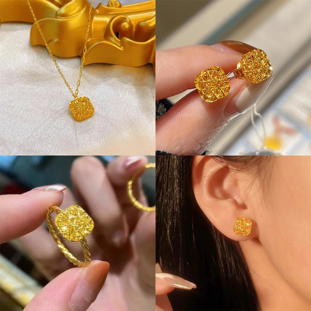 Zhou'S Same Cnc Brushed Small Sugar Cube Ring, Flash Rock Sugar Necklace, Light Luxury Flower Silk Hollow Stud Earrings Set, Women