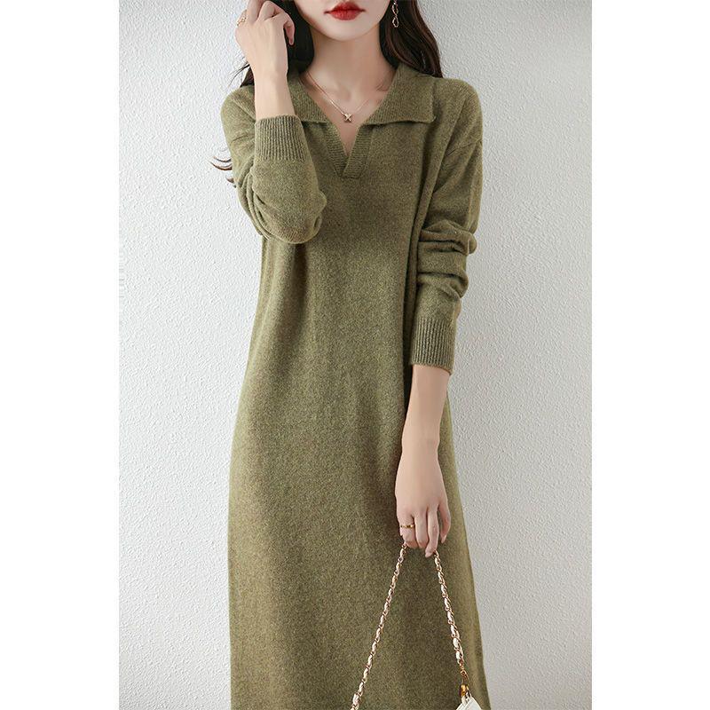 Women's Thickened Wool Polo Neck Long Dress - Autumn/Winter Loose Knit Base Layer 