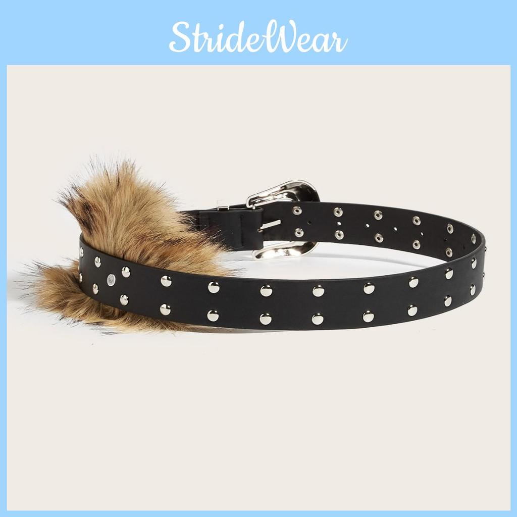 Rivet Leather Wide Waist Belt Artificial Fur Design And Carved Needle Buckle For Everyday Wear