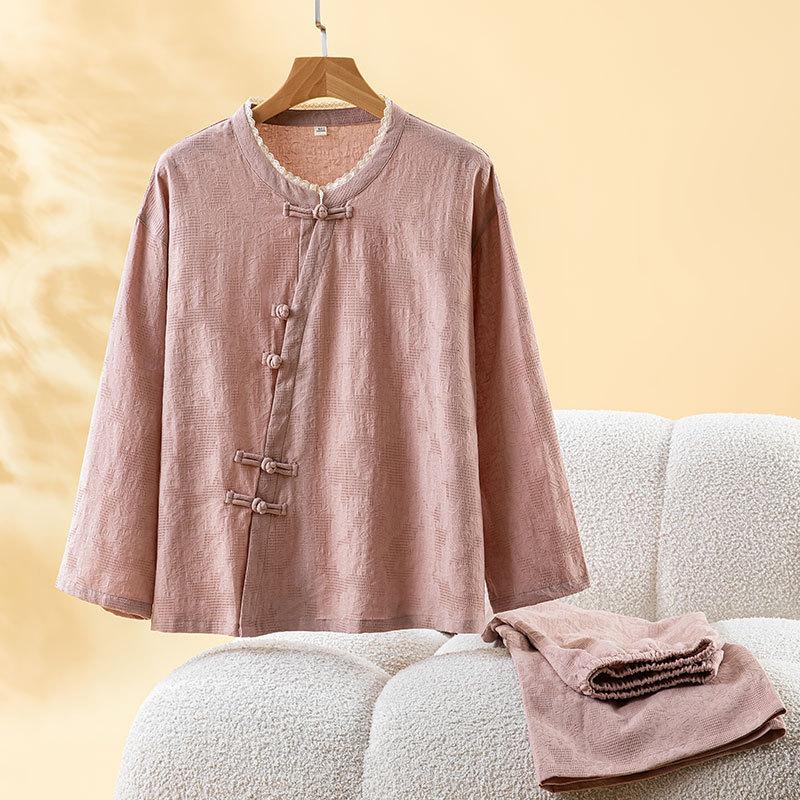 Pajamas women's Class A pure cotton autumn new solid color, button retro jacquard long-sleeved trousers loungewear set