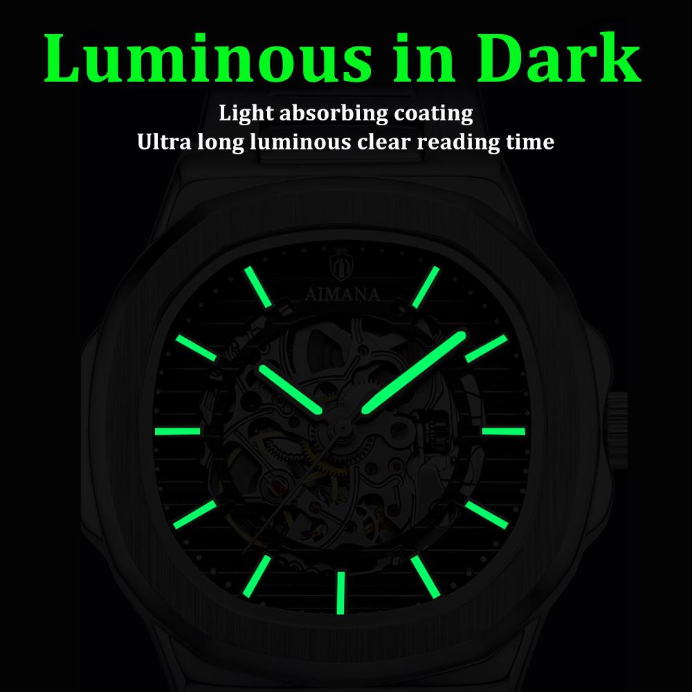 Skelett Automatische Mechanische Uhren Wasserdicht Leuchtende Zeiger Edelstahlarmband Luxus Dress-Armbanduhr für Herren