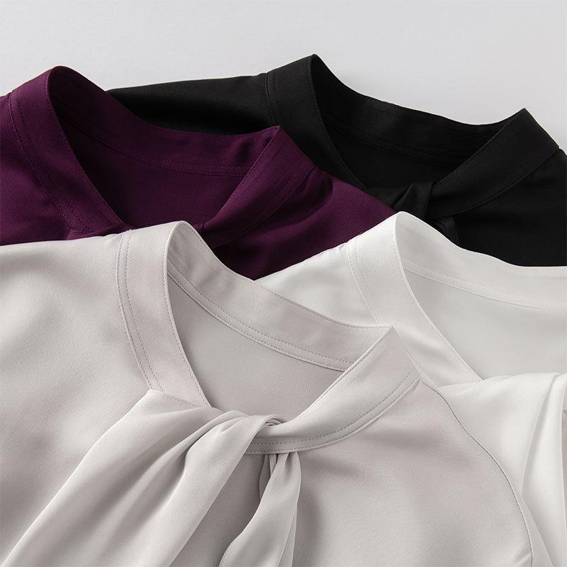 2025 Spring Women's Long Sleeve Mulberry Silk Shirt with Ribbon - Commuter Style, Slim Fit, Solid Color