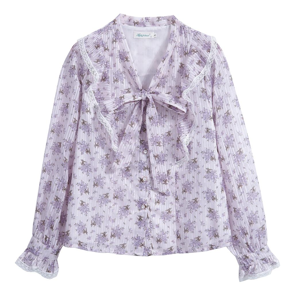 Fashion New 2024 Autumn Casual Long Sleeve Bow Collar Ruffles Print Chiffon Blouse Shirt Women Tops Blouses Shirts J510